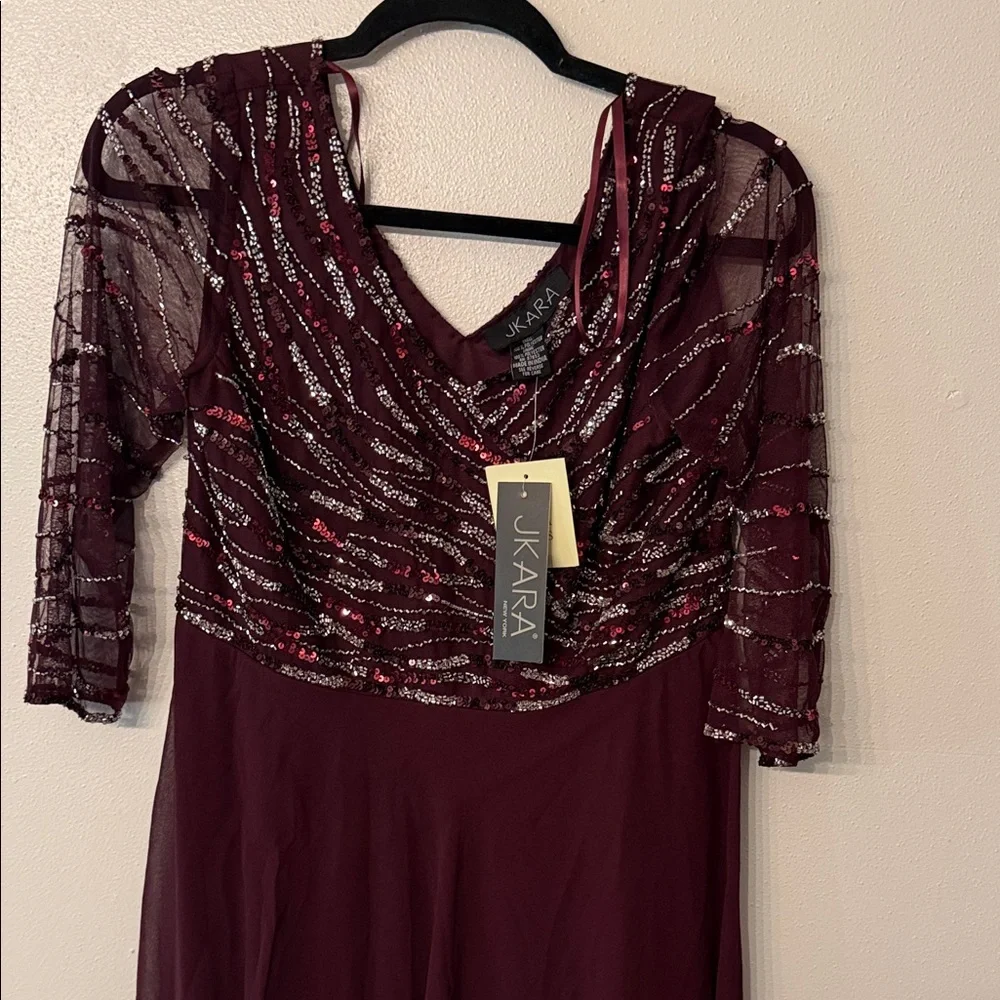 J Kara Womens Petite Beaded Gown Wine Multi 3/4 Sleeve Formal Dress 8P 5045WMP - Picture 1 of 5